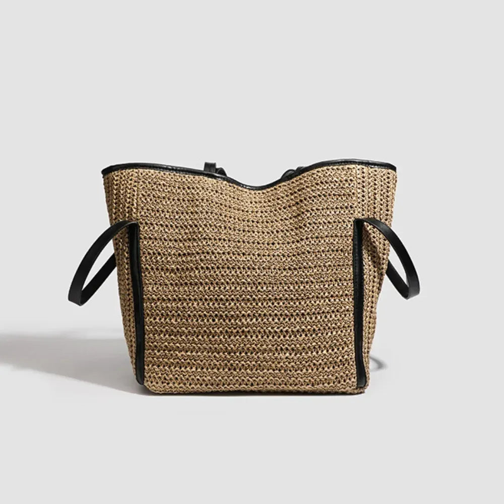 KissICON Khaki Light Straw Tote – Solid Color Woven