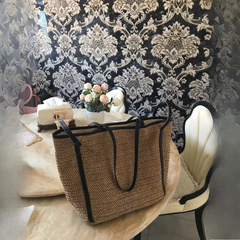 KissICON Khaki Light Straw Tote – Solid Color Woven