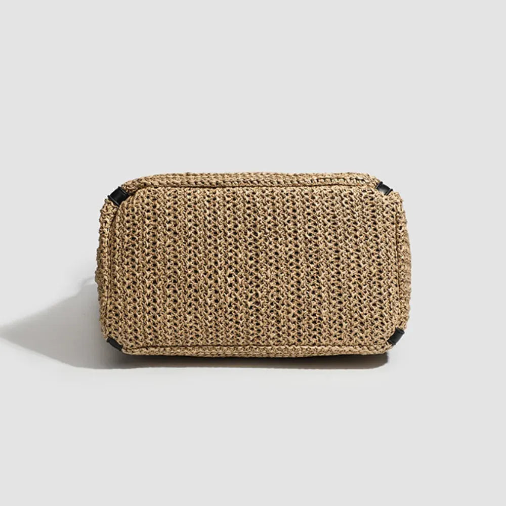 KissICON Khaki Light Straw Tote – Solid Color Woven