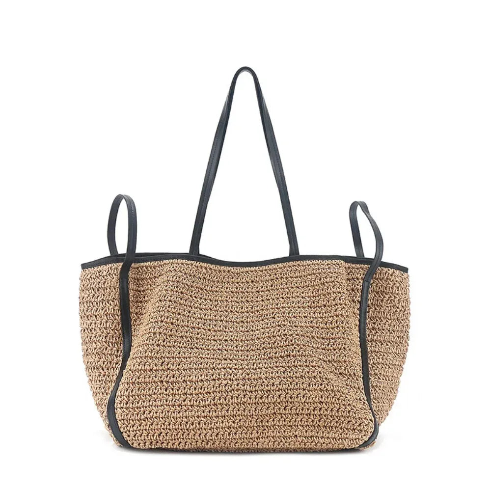KissICON Khaki Light Straw Tote – Solid Color Woven