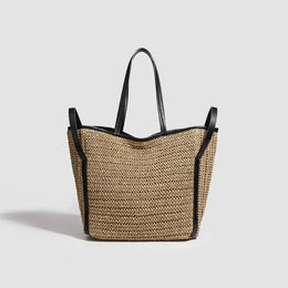 KissICON Khaki Light Straw Tote – Solid Color Woven