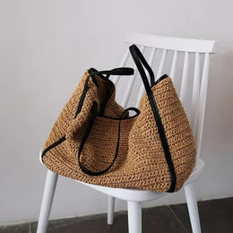 KissICON Khaki Light Straw Tote – Solid Color Woven