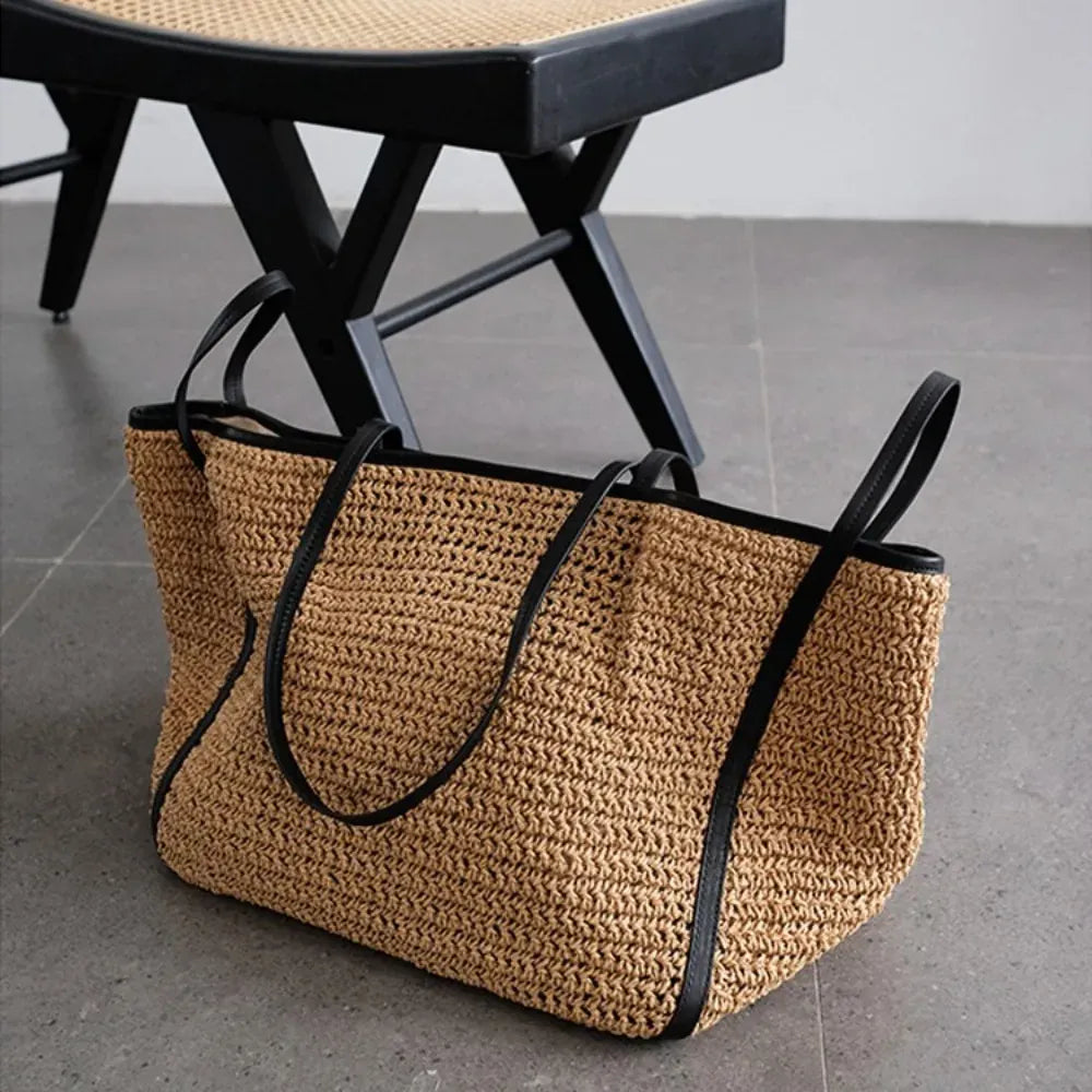 KissICON Khaki Light Straw Tote – Solid Color Woven
