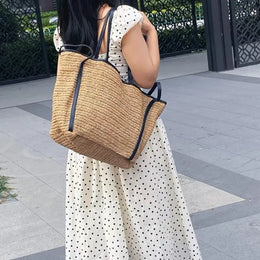 KissICON Khaki Light Straw Tote – Solid Color Woven