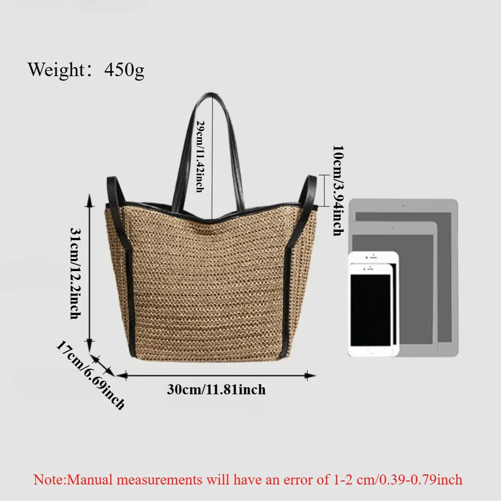 KissICON Khaki Light Straw Tote – Solid Color Woven