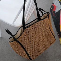 KissICON Khaki Light Straw Tote – Solid Color Woven