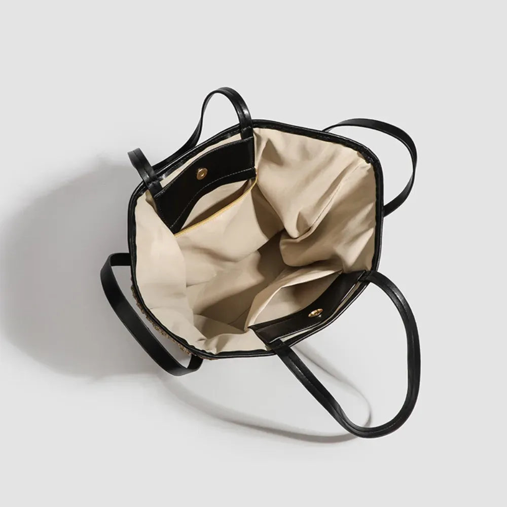 KissICON Khaki Light Straw Tote – Solid Color Woven