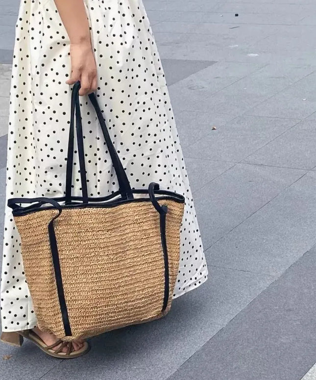 KissICON Khaki Light Straw Tote – Solid Color Woven