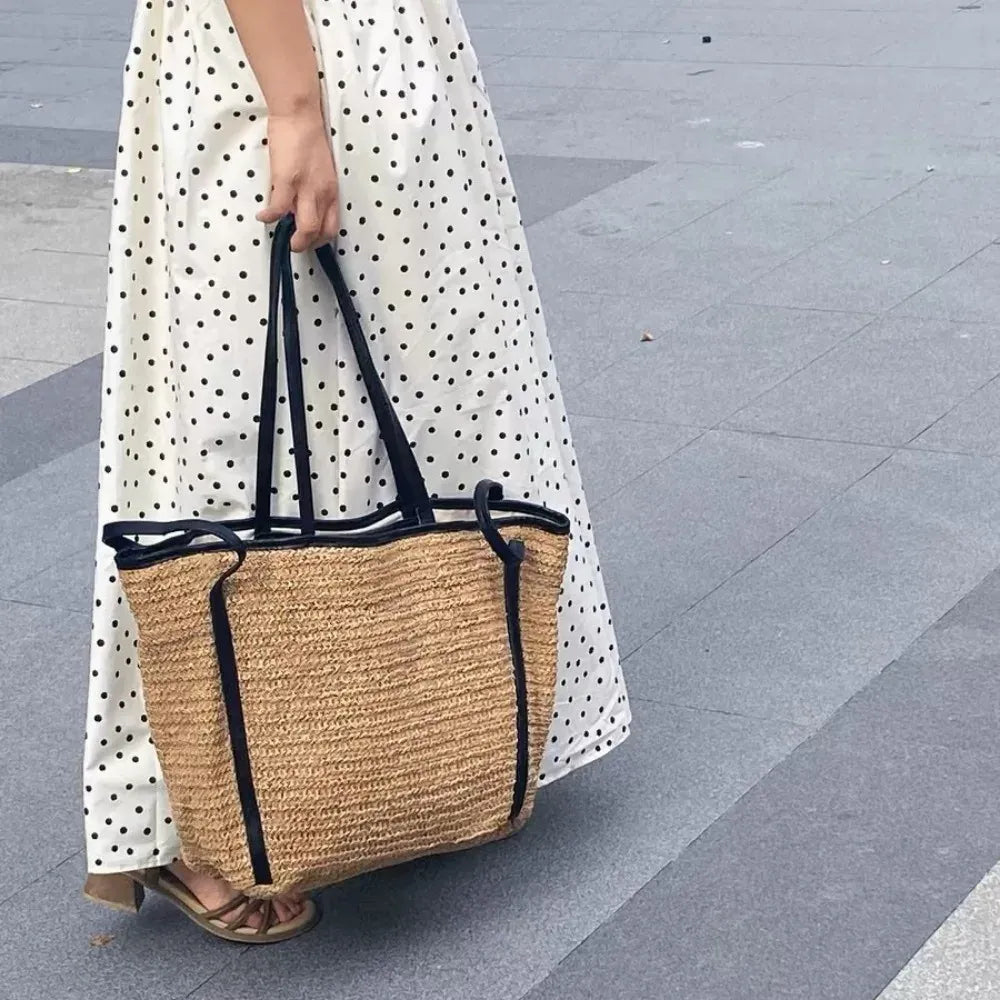 KissICON Khaki Light Straw Tote – Solid Color Woven