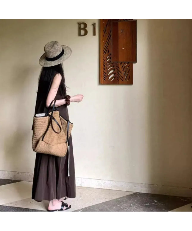 KissICON Khaki Light Straw Tote – Solid Color Woven