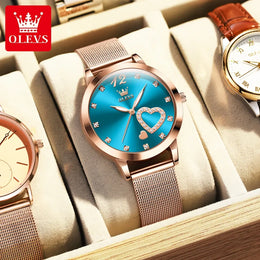 KissICON khaki OLEVS Japan Quartz Women Watch Stainless steel Bracelet "Love" Dial Fashion Elegant Waterproof Luminous Quartz Watch for Ladies
