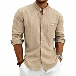 KissICON khaki / S / China Mainland Striped Linen Stand Collar Loose Fashion Commuter Shirt