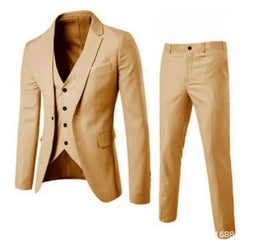 KissICON Khaki / S Korean Style Slim Fit Cotton Blend Three Piece Suit