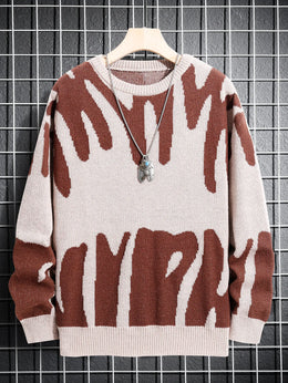 KissICON Khaki / S Trendy Irregular Jacquard ColorBlock Mens Pullover Sweater