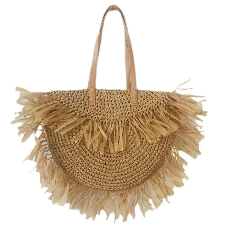 KissICON Khaki Straw Personality Woven Shoulder Vacation Beach Bag