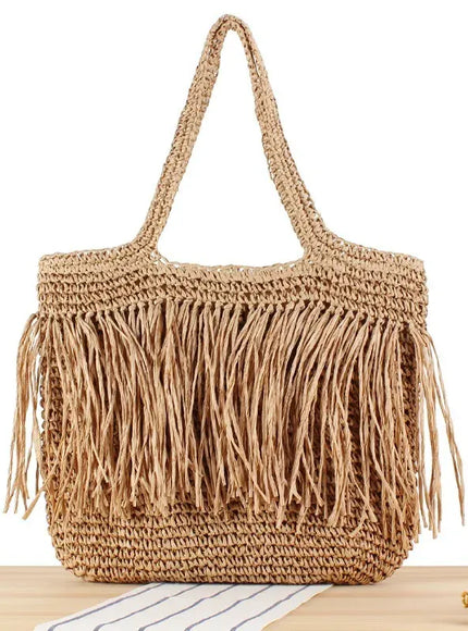 KissICON Khaki Tassel Hand-woven Holiday Shoulder Bag
