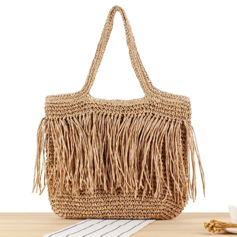 KissICON Khaki Tassel Hand-woven Holiday Shoulder Bag
