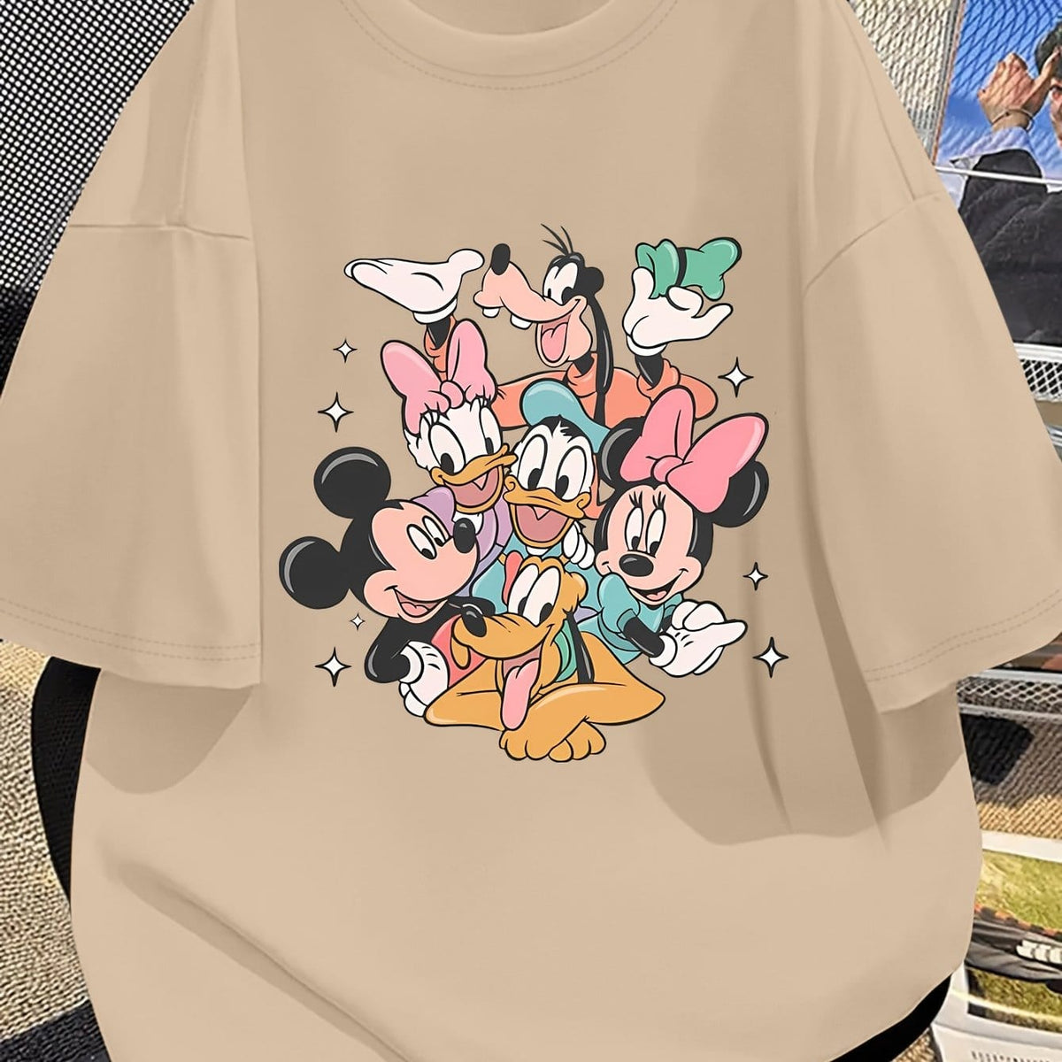 KissICON Khaki / UK 16 Disney Official Women's Summer New Arrival Oversized Fashionable Mickey Mouse & Friends Cartoon Print Casual Round Neck T-Shirt, Machine Washable Loose Fit Fun Design Comfort Fabric for Home and Outing Wear