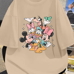 KissICON Khaki / UK 16 Disney Official Women's Summer New Arrival Oversized Fashionable Mickey Mouse & Friends Cartoon Print Casual Round Neck T-Shirt, Machine Washable Loose Fit Fun Design Comfort Fabric for Home and Outing Wear
