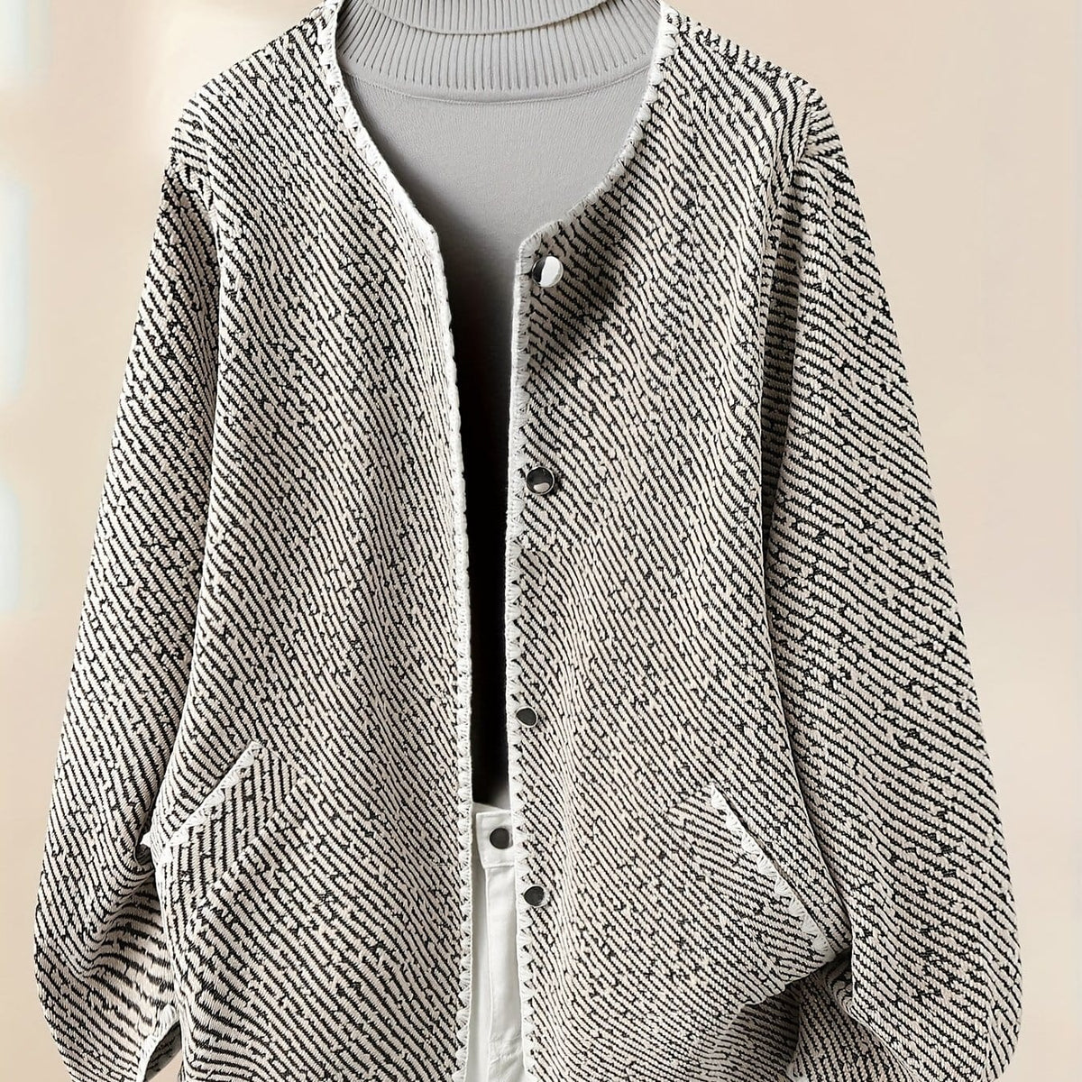 KissICON Khaki / UK 16 Elegant Curve Greywhite Contrast Collar Jacket