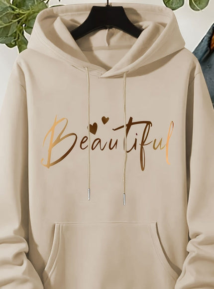 jkthpu-45 Khaki / UK 16 Plus Size Beautiful Letter Print Drawstring Hoodie, Warm
