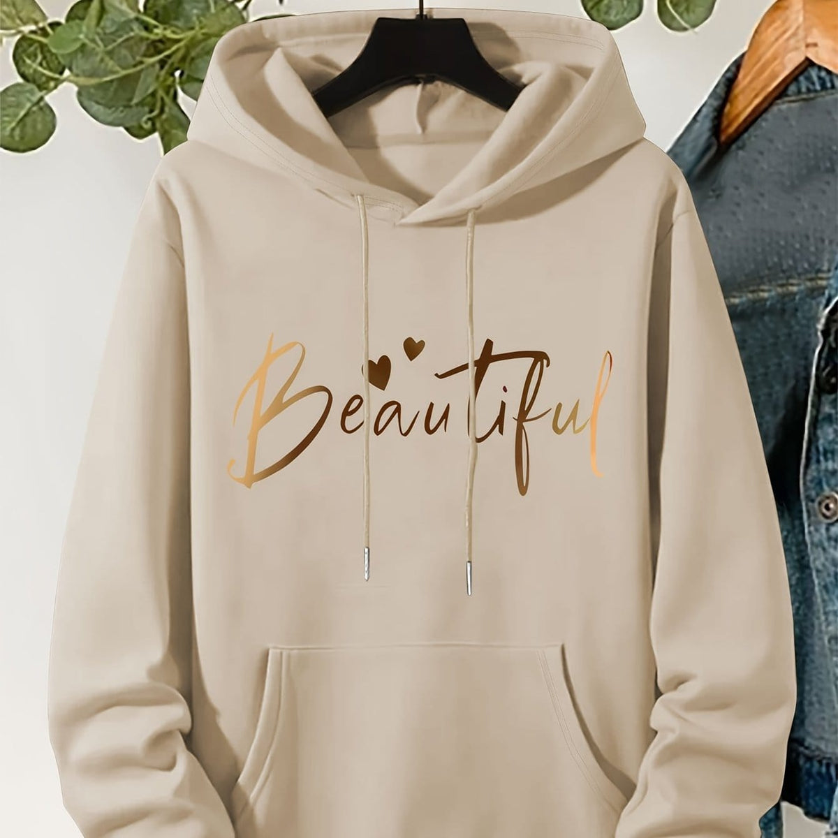 jkthpu-45 Khaki / UK 16 Plus Size Beautiful Letter Print Drawstring Hoodie, Warm