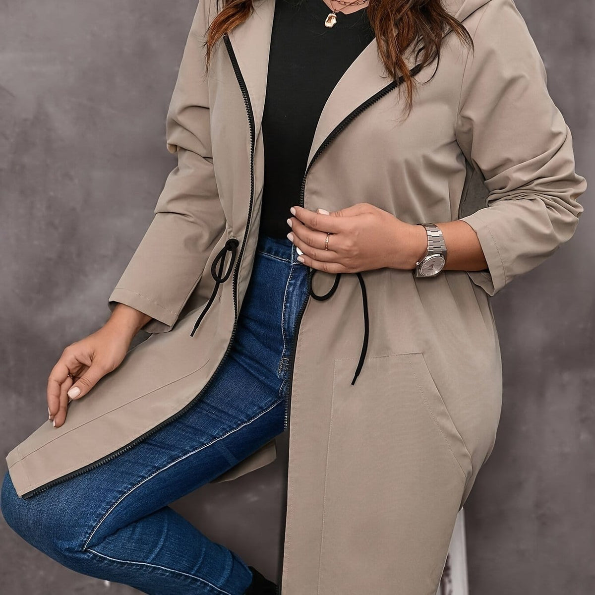 jkthpu-45 Khaki / UK 16 Plus Size Hooded Coat – Elegant Long Formal & Everyday Outerwear