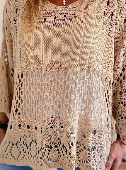 jkthpu-45 Khaki / UK 16 Plus Size, Oversized Knitwear Loose-Fitting 3/4 Sleeve Sun-Protective