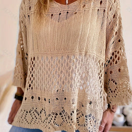 jkthpu-45 Khaki / UK 16 Plus Size, Oversized Knitwear Loose-Fitting 3/4 Sleeve Sun-Protective