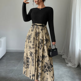 jkthpu-45 Khaki / UK 16 Plus Size, Women's Floral print maxi dress - Beige & black Floral pattern, Tie-waist flared skirt, Machine Washable Formal & Casual Outfits for Fall/Winter Everyday Special Events, Winter Elegant Outfit, Nontransparent Material, Fall Fashion, Quality Stit