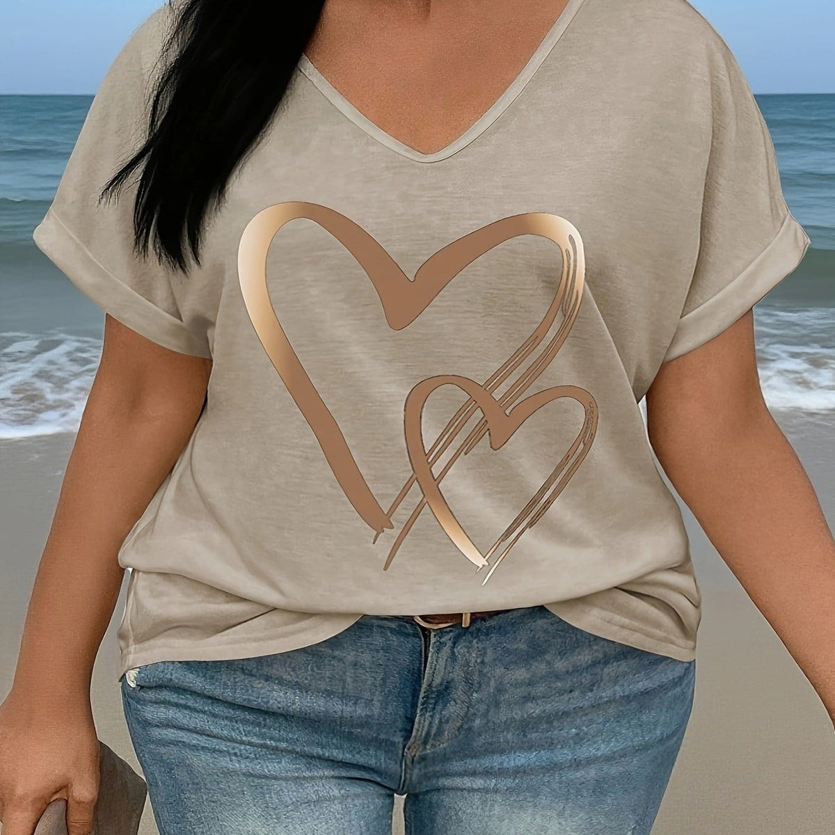 KissICON Khaki / UK 16 Plus Size - Women'S Plus Size V-Neck T-Shirt with Heart Print & "LOVE" Design - Casual Short Sleeve, Lightweight Polyester, Spring/Summer/Fall Wear, Everyday Tshirt | Heart Motif Top | Stretchy Fabric