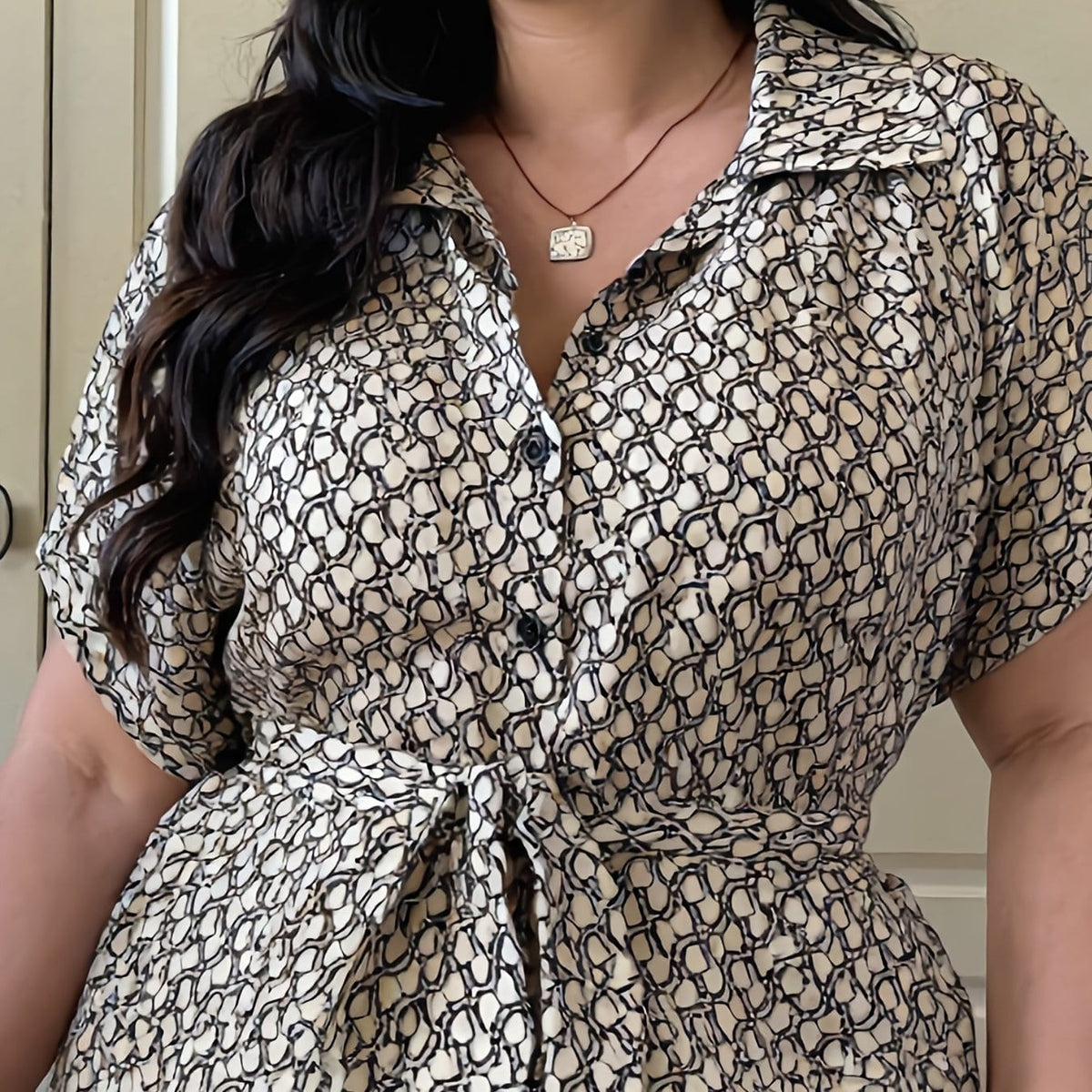 jkthpu-45 Khaki / UK 16 ThreeSeason Plaid Lapel Plus Size Dress Ultimate Style