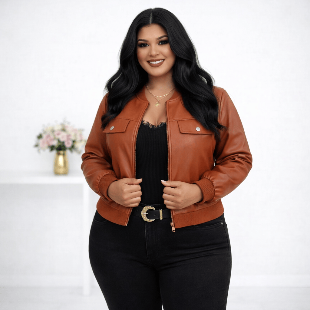 KissICON Outerwear Khaki / UK 16 / US 12 Chic Plus Size Faux Leather Bomber Jacket for Fall