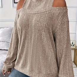jkthpu-45 Khaki / UK 18 Elegant Plus Size Solid Long Sleeve Knit Tee