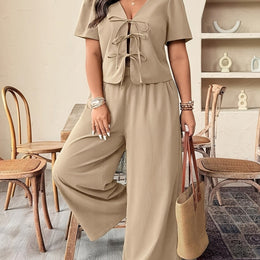 jkthpu-45 2pcs set Khaki / UK 18 Plus Size SpringSummer Loose Casual TwoPiece Set