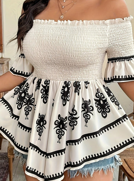 jkthpu-45 Khaki / UK 18 Plus Size Women's Elegant Off-Shoulder Geometric Print Shirt