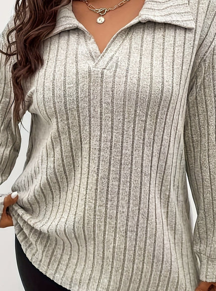 jkthpu-45 Khaki / UK 18 Wholesale Plus Size Ribbed Lapel Long Sleeve Solid Top