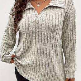 jkthpu-45 Khaki / UK 18 Wholesale Plus Size Ribbed Lapel Long Sleeve Solid Top