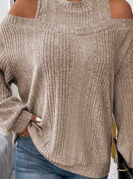 jkthpu-45 Khaki / UK 18 Women's Ribbed Top - Elegant Asymmetrical Long Sleeve