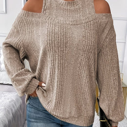 jkthpu-45 Khaki / UK 18 Women's Ribbed Top - Elegant Asymmetrical Long Sleeve