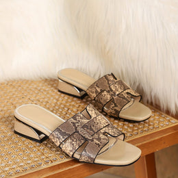 jkthpu-45 Khaki / UK 3.5 Chic Brown Snake Faux Cover SlipOn Platform Heels