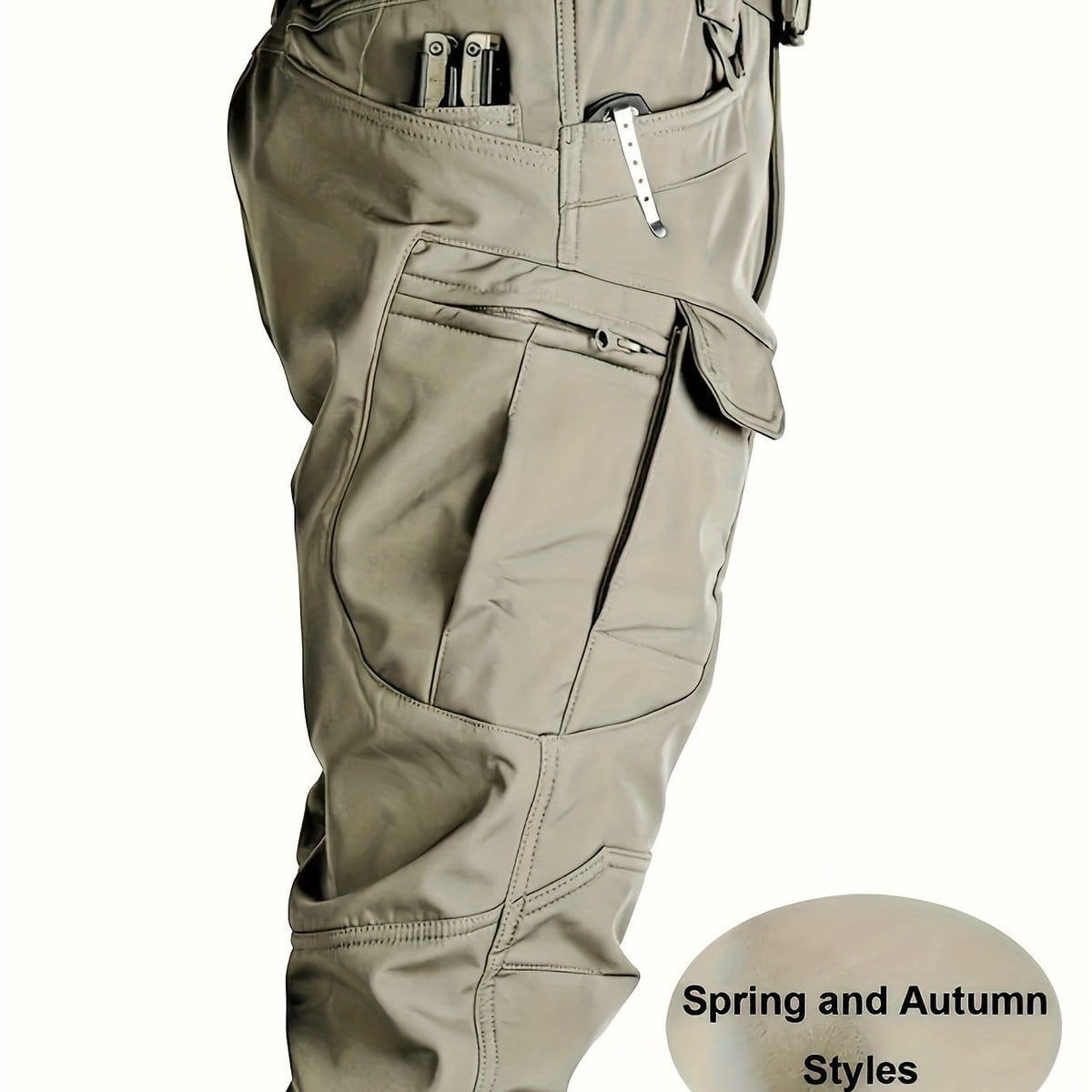 KissICON Khaki / UK 34 Mens Breathable MultiPocket Elastic Cargo Work Pants