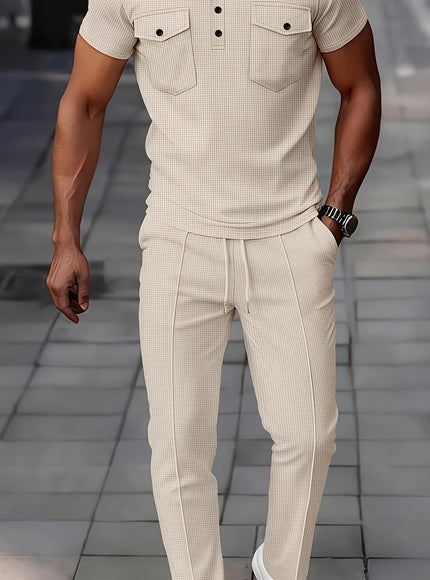 KissICON Khaki / UK 46-48 Mens Waffle Knit Polo  Pants Summer Casual Set