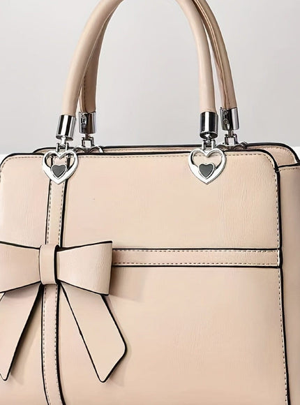 jkthpu-45 Khaki Women'S Chic Solid Color Handbag with Bow Accent, Adjustable Shoulder Strap, and Wristlet - Synthetic, Zip Closure, Casual Elegance, Versatile Tote for Everyday Use