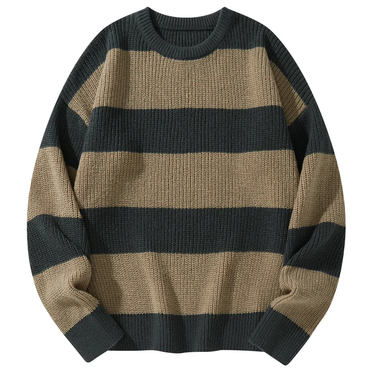 KissICON Khaki / XL Mens Striped Casual Round Neck Loose Sweater