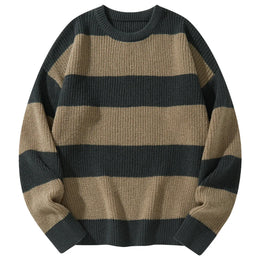 KissICON Khaki / XL Mens Striped Casual Round Neck Loose Sweater