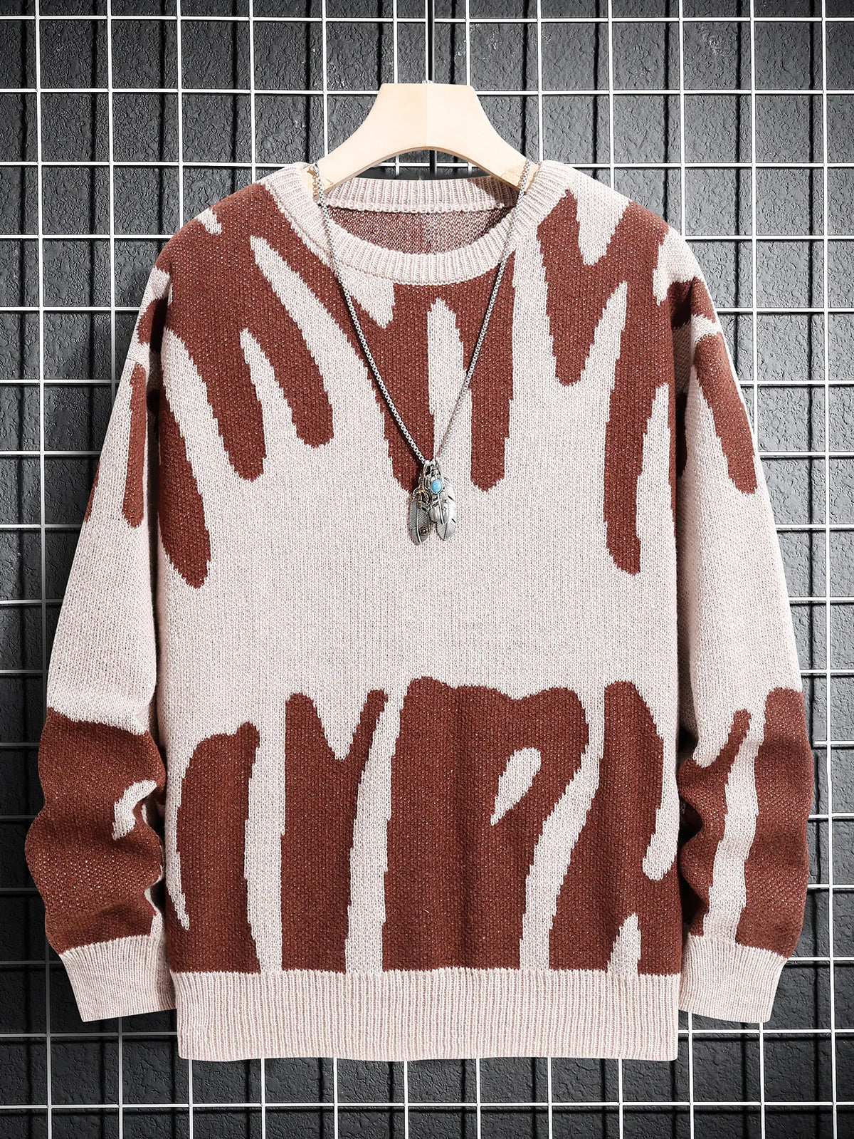 KissICON Khaki / XL Trendy Irregular Jacquard ColorBlock Mens Pullover Sweater