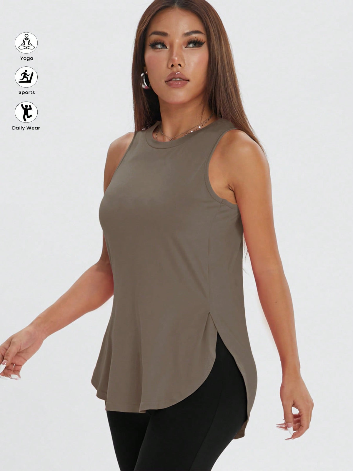 ZW Sports Apparel Khaki / XS Casual Loose Side Slit Sleeveless Pullover Workout Top