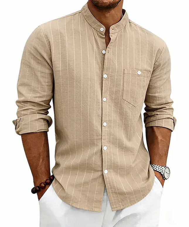 KissICON khaki / XXL / China Mainland Striped Linen Stand Collar Loose Fashion Commuter Shirt