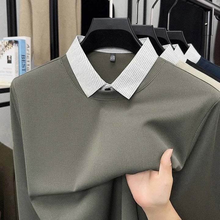 2026 New Men's Fake Two Piece Polo Shirt Casual Fashion Long Sleeve Collar T-shirt Versatile Top
